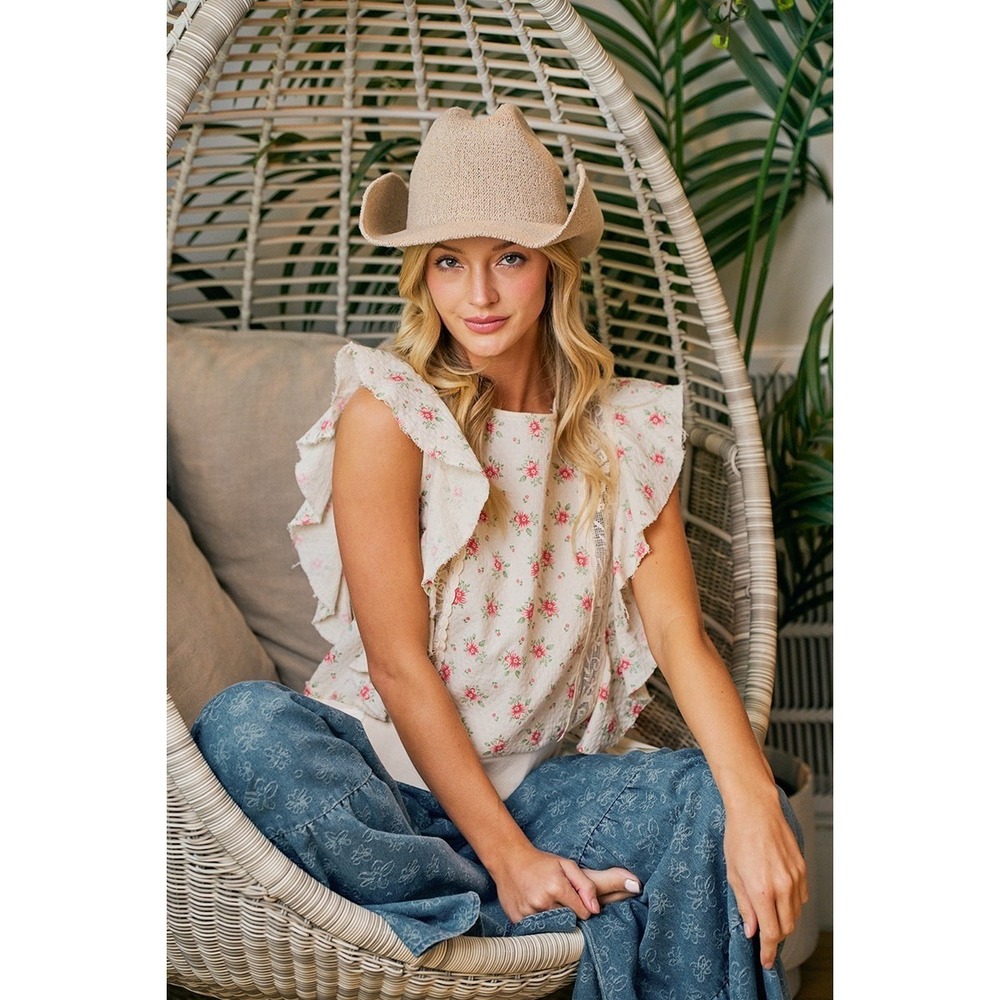 BiBi Flower Printed Ruffle Sleeve Trim Detail Top - Red Flower - Large - Picture 15 of 16